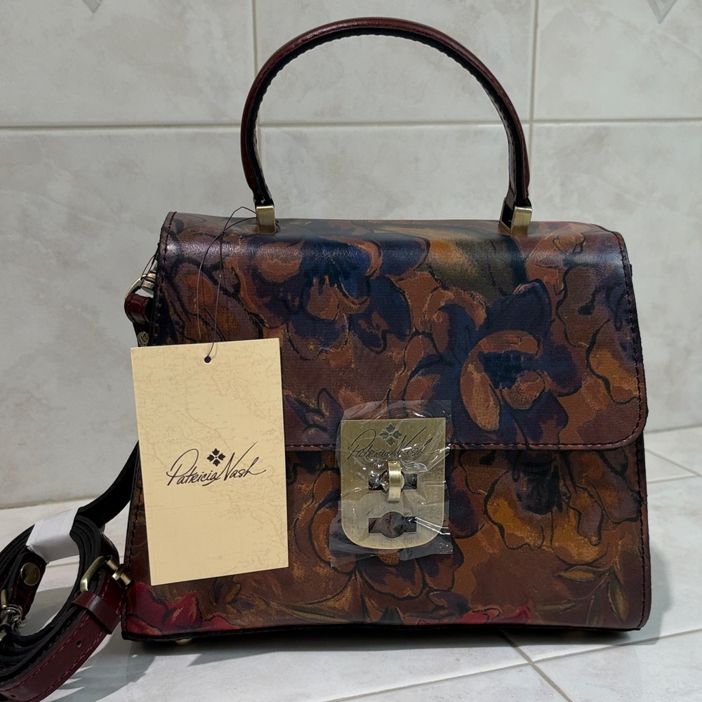 Patricia Nash Chauny Sienna Sunset Floral Leather Satchel with Crossbody Strap